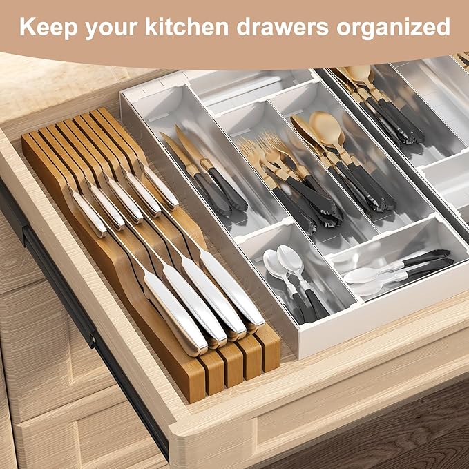 In-Drawer Knife Block Organizer - Bamboo Wood Drawer Knife Organizer-Protecting Knife Organizer Block (Not Included) (Brown, 9 Knives Dock)