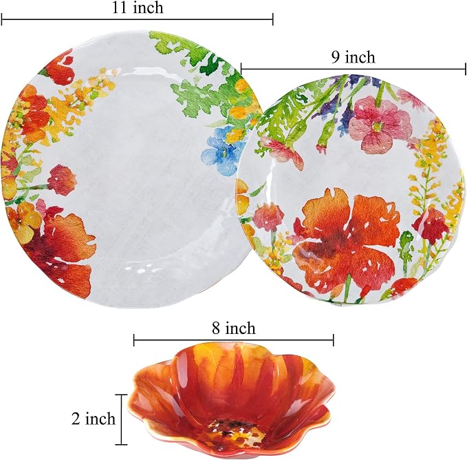 UPware 12 Piece Floral Melamine Dinnerware Sets, Outdoor Dishes Set, Plates and Bowls Sets, Service for 4, Multicolor