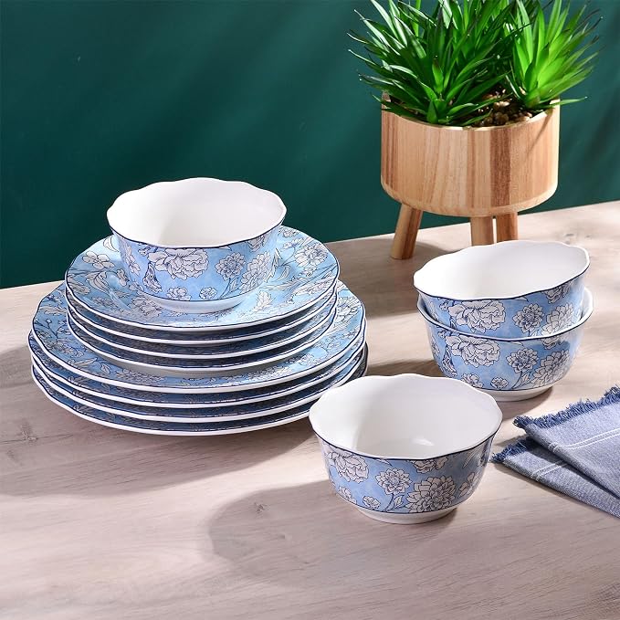 222 Fifth 12-Piece Porcelain Dinnerware Set for 4, White & Light Blue Plates and Bowls Set, Glossy Ceramic Dish Set with Ornate Floral Design, Kitchen Tableware, Microwave & Dishwasher Safe, Cleremont