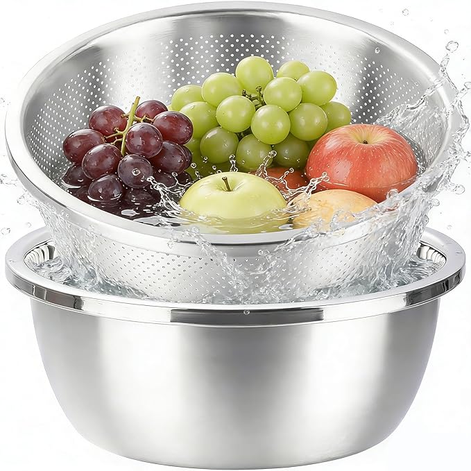 Colander and Bowl Set 7.3QT (2-in-1) - Thickened 304 Stainless Steel Kitchen Strainer Bowl for Fruit, Pasta, Vegetables, Rice - Heavy Duty, Induction Cooker & Dishwasher Safe