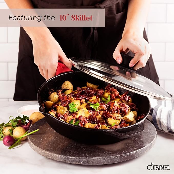 Cuisinel Cast Iron Cookware Set - 6-Pieces Pre-Seasoned Kit: 10"+12" Skillet + Glass Lids + Pizza Pan + Pan Rack Organizer + Silicone Handle Covers + Scraper/Cleaner - Grill, Camping, Indoor/Outdoor