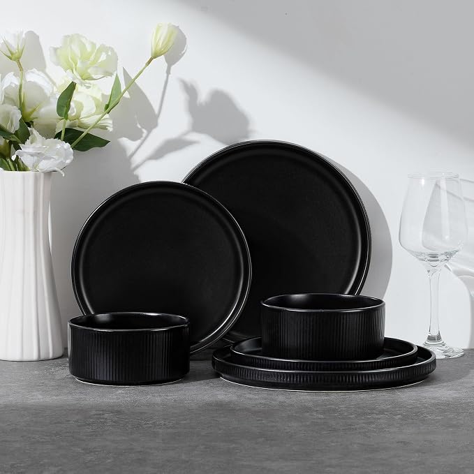 E-far Stoneware Dinnerware Sets for 2, 6-Piece Plates and Bowls Sets, Chip & Scratch Resistant Ribbed Dish Set for Home Restaurant, Microwave & Dishwasher Safe, Matte Black