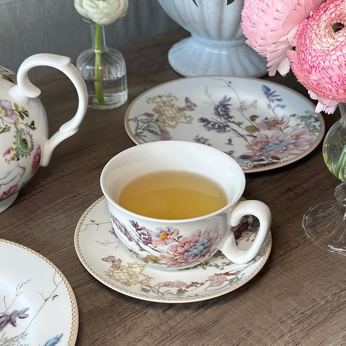 STP GOODS Bone China Tea/Coffee Cup and Saucer in Gift Box Fine Bone China Coffee Cup with Saucer Tea Cup and Saucer Set of One,Porcelain Cup and Saucer (Wildflower Meadow)