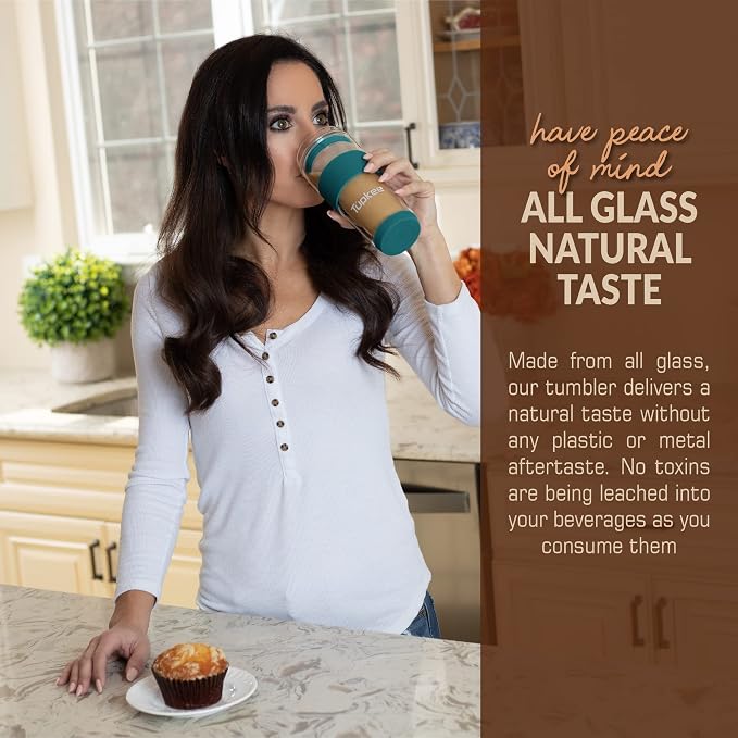 Double Wall All Glass Tumbler - 14-Ounce, Reusable Insulated Tea/Coffee Mug & Lid, Hand Blown Glass Travel Mug - Cyan- 2 Pack
