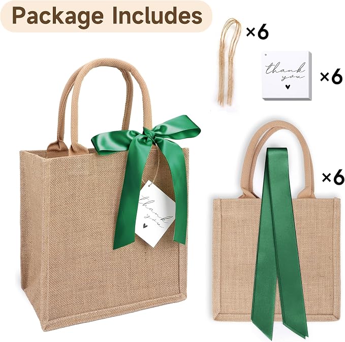 6 Pack Burlap Tote Bags with Handles Reusable Small Jute Gift Bags with Dark Green Silk Ribbons Waterproof Lining for Wedding Bridesmaid Mother's Day Bachelorette Beach Party