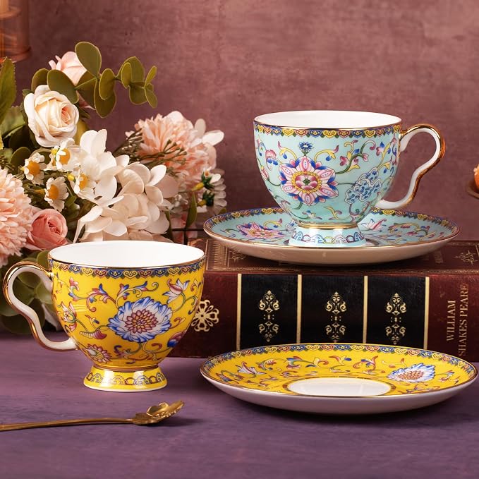 KAMMAK Tea Cups and Saucers Set of 2, Porcelain Coffee Cups, 7.4oz Stackable Espresso Mugs, Ceramic Demitasse for Coffee, Latte, Americano, Tea (641N+642N)