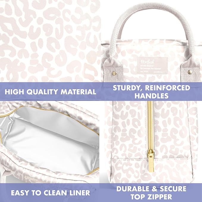 Fit & Fresh Bloomington Lunch Bag for Women - Insulated Large Lunch Box for Work with Containers, Leak-Resistant, Stain-Resistant, Zipper Closure, Feline Fine Ivory