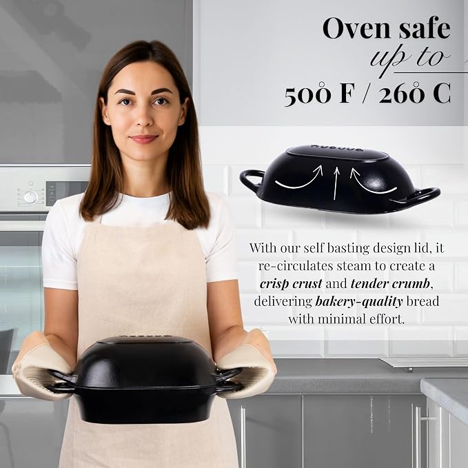 nuovva Dutch Oven For Sourdough Bread Baking – Enamelled Cast Iron Bread Loaf Pot – Oven Safe Non Stick Bread Pot – Rectangular, Black, 24cm x 16cm
