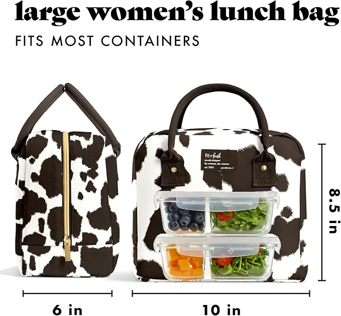 Fit & Fresh Bloomington Lunch Bag for Women - Insulated Large Lunch Box for Work with Containers, Leak-Resistant, Stain-Resistant, Zipper Closure Cowhide Brown on Brown