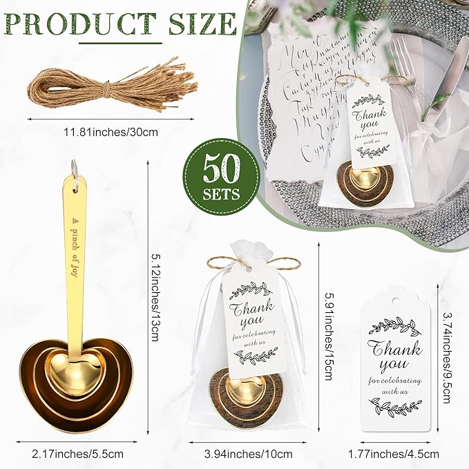 Umigy 50 Set Heart Shaped Measuring Spoon Tea Spoons Wedding Baby Shower Favors for Guests Set Heart Shape Drawstring Organza Bag Gift Tag Rope for Wedding Bridal Shower Souvenir (Gold)