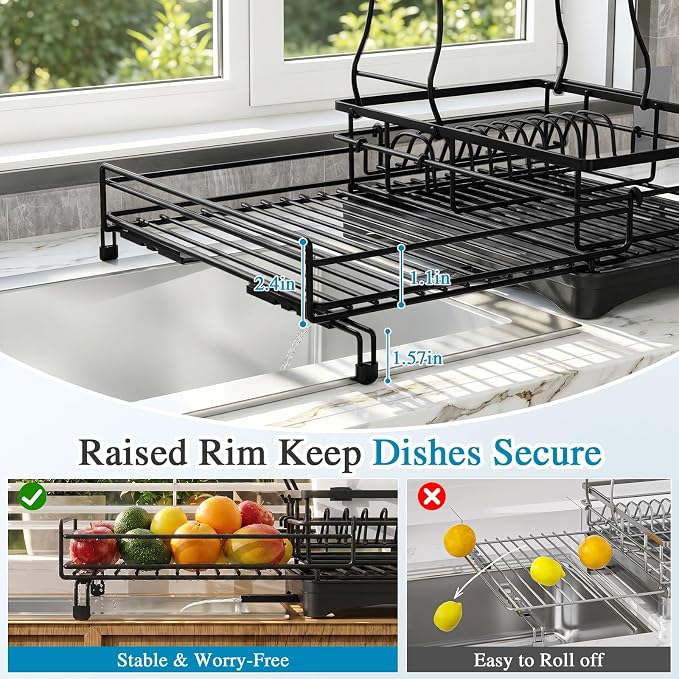 2 Tier Dish Drying Rack, Large Extendable Dish Racks for Kitchen Counter , Dishrack with Drainboard, 2-in-1 Anti-Rust Stainless Steel Dish Drainer with Utensil Holder (Black, double of Dish Rack)