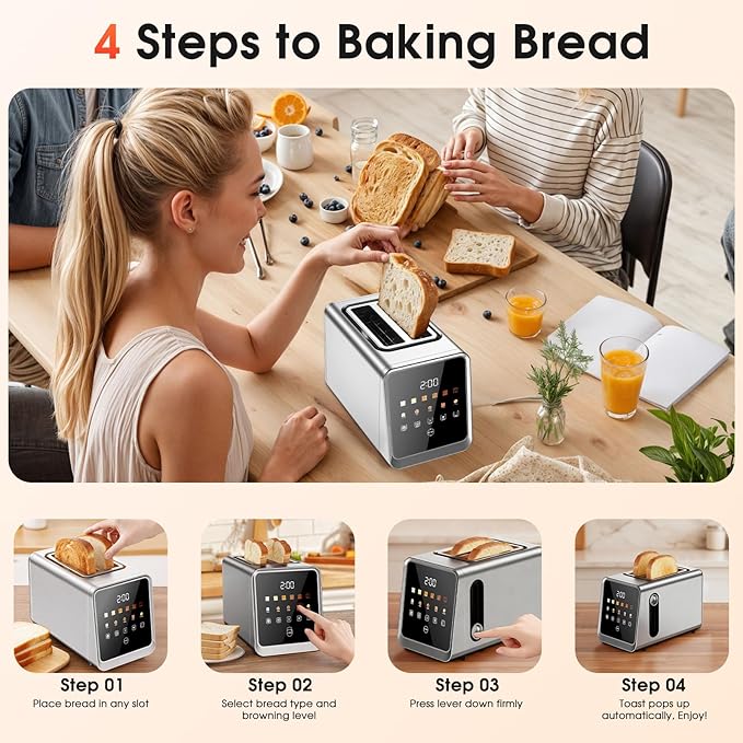 Toaster 2 Slice with Touchscreen, 1.5" Wide Slots & Memory Recall | 900W Stainless Steel Smart Digital Toasters | 6 Shade Settings for Bagels & Thick Bread | Defrost Reheat Single-Slice Mode