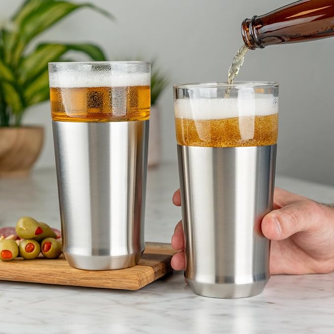 Elevated Craft Hybrid Vacuum Insulated Stainless Steel Base with Removable Pint Glass Insert, Ideal Insulation for Beers & Cold Beverages with Built-in Bottle Opener, Durable & Stylish, Steel (16 oz)