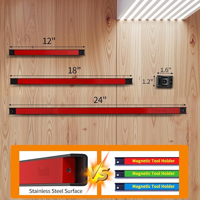 18" Magnetic Tool Holder Strip, 6 Pieces Red Metal Tool Organizer Rack with Stainless Steel Surface, Magnet Bar for Garage Workshop, Easy To Install with Mounting Screws