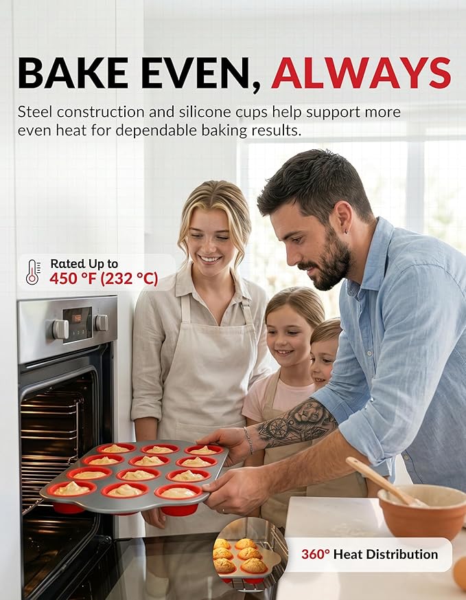 Boxiki Kitchen Non-Stick 12 Cup Silicone Muffin Pan with Steel Frame - BPA Free, Non-Toxic, Anti-Warp, Durable & Easy to Pop Silicone Muffin Tin - Perfect Cupcake Pan