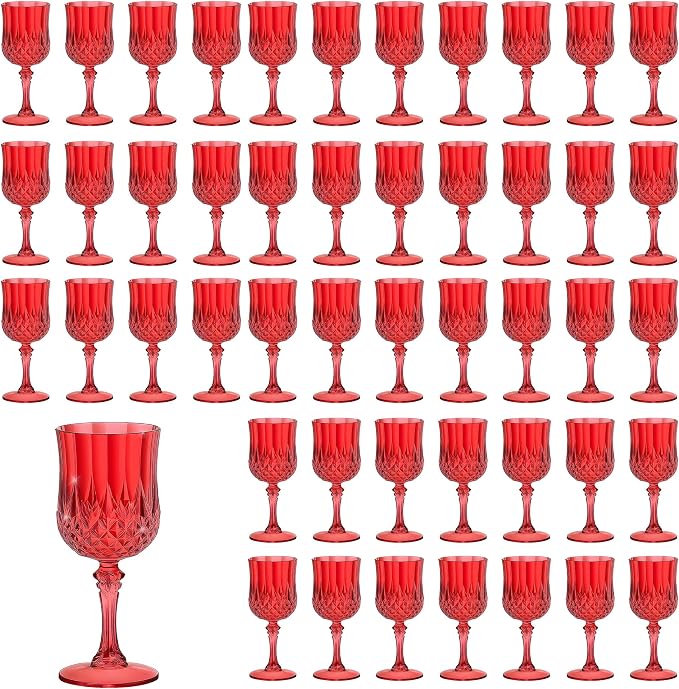 7OZ Plastic Wine Glasses, Reusable Vintage Goblets Unbreakable Drinking Glasses Crystal Water Cups Champagne for Wedding, Parties (48, Red)