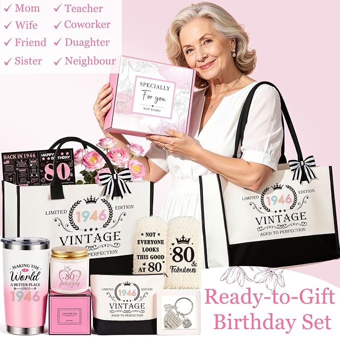 80th Birthday Gifts for Women, Vintage 1946 Happy 80th Birthday Gifts Basket for Women Unique Gift Ideas for 80 Year Old Female, Mom, Wife, Grandma, Thoughtful Birthday Gift Turning 80 Year Old
