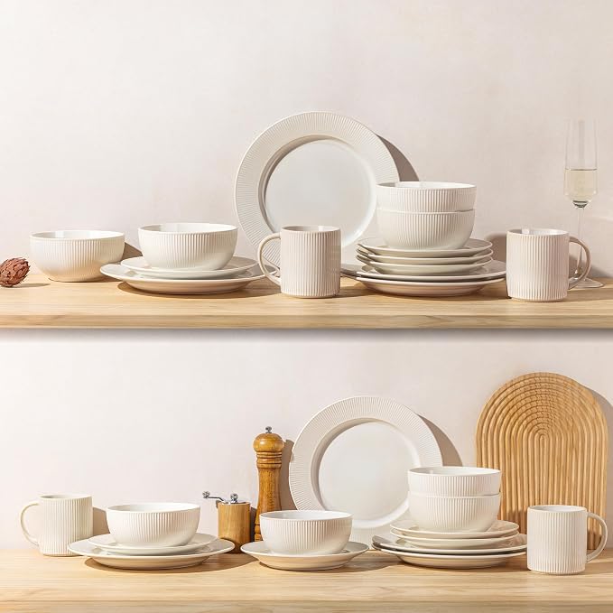 TheTerra Stoneware Dinnerware Sets for 6, 18 Pieces Ceramic Plates and Bowls Sets, Scratch Resistant Embossed Dish Set, Oven, Microwave & Dishwasher Safe, Cream White