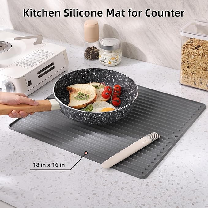 Dish Drying Mat, Flexible Silicone Drying Mat for Kitchen Counter, Heat Resistant Silicone Trivet for Countertop Protector, Super Thick Non-Slip Dish Drying Pad for Under Rack, 12” x 16”