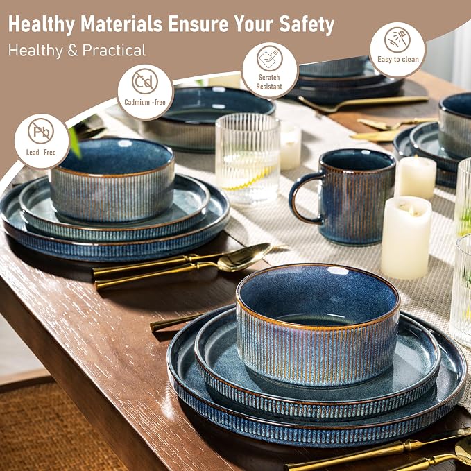 GBHOME 24-Piece Stoneware Dinnerware Set for 8 – Ribbed Ceramic Plates and Bowls, Scratch-Resistant, Microwave & Dishwasher Safe, Reactive Glaze, Ceylon Blue
