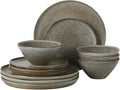 Gibson Elite Coastal Forest Plates and Bowls Sets, 12-Piece Stoneware Dinnerware Sets, Triple Reactive Glaze Dish Set - Slate Grey