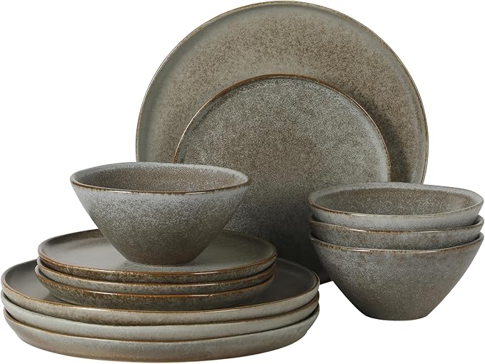 Gibson Elite Coastal Forest Plates and Bowls Sets, 12-Piece Stoneware Dinnerware Sets, Triple Reactive Glaze Dish Set - Slate Grey