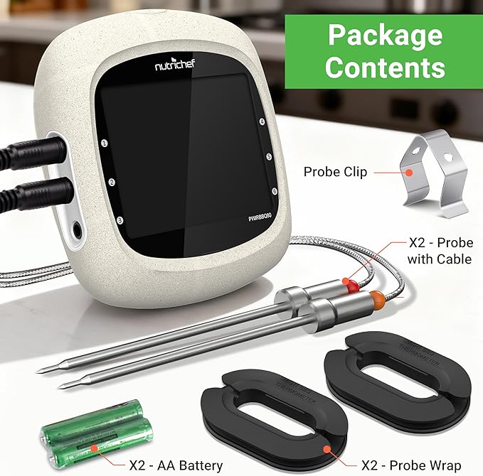 NutriChef Bluetooth Meat Thermometer for Grilling and Smoking, up to 6 Temperature Probes and Smart APP, 400 Ft Range, LCD