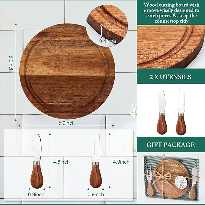 Maxcheck 36 Sets Baby Shower Bridal Game Prizes for Winners Round Cheese Board Set Wood Mini Charcuterie Board with Knives and Forks Thank You Card with Gift Box for Guests Wedding (Acacia)