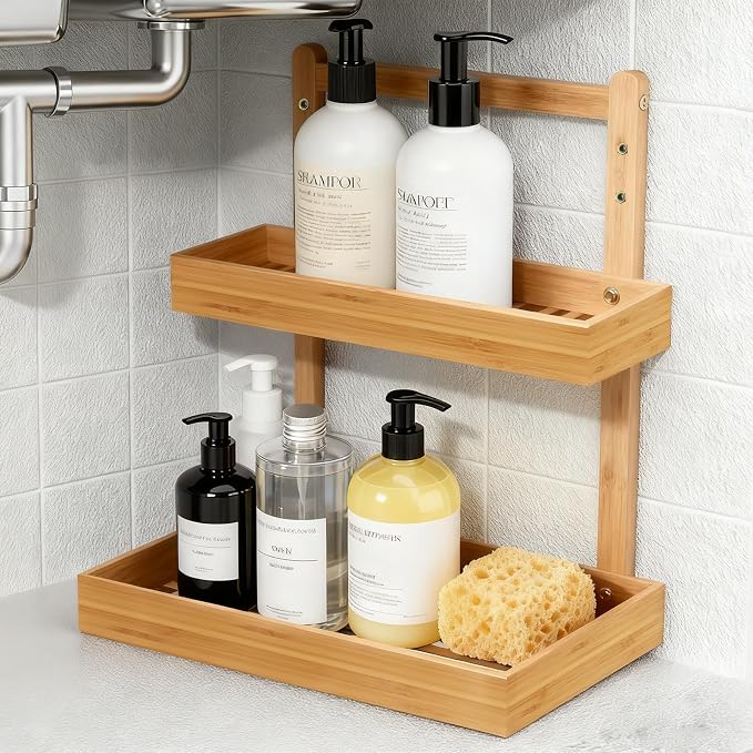 Bamboo Undersink Organizer Storage - 2-Tier Cabinet Shelf with Adjustable Levels, Under Sink Storage Slide Out for Cabinet Pantry Kitchen Bathroom (Natural, 1 Pack)