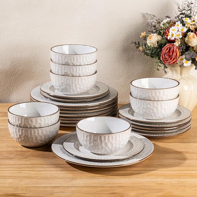 GBHOME Ceramic Dinnerware Sets, 24 pcs Embossed Elegant Stoneware Plates and Bowls Sets, Housewarming Wedding Gift | Dishwasher & Microwave Safe | Dishes Set Service for 8