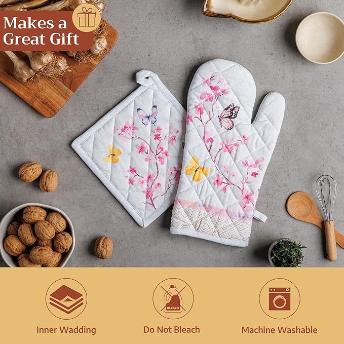 Maison d' Hermine Pot Holders 100% Cotton Heat Resistant Potholders 8" x 8" Hot Pads with Loop BBQ Baking Gifts for Mothers Day Handling Hot Pans Spring/Summer (Pack of 1, Blossoms in Spring)