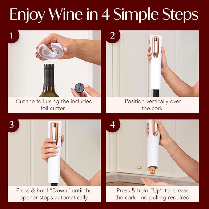 Electric Wine Opener Battery Operated with Stand and Built-in Foil Cutter - Automatic Wine Opener - Electric Corkscrew for Easy Cork Removal - Best Gift for Wine Lover (White & Rose Gold)