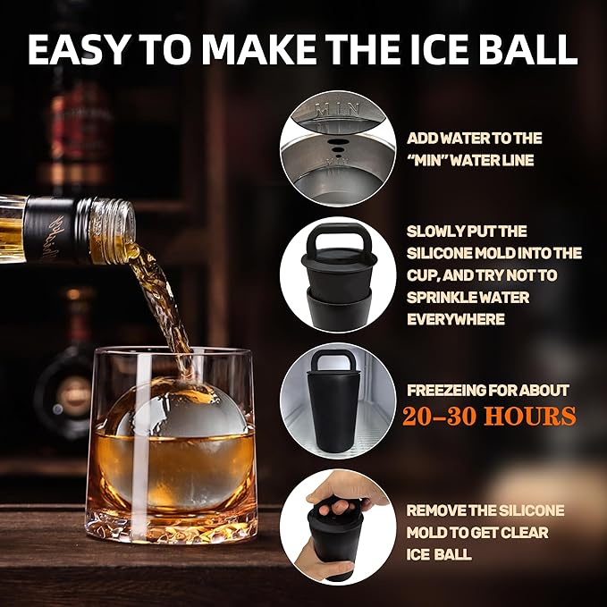 Clear Ice Cube Maker Tray – 2.5 Inch Large Round Ice Ball Mold, Stainless Steel & Silicone, Slow Melting Transparent Ice for Whiskey, Cocktails, and Home Bar Use (Black-2 Pack)