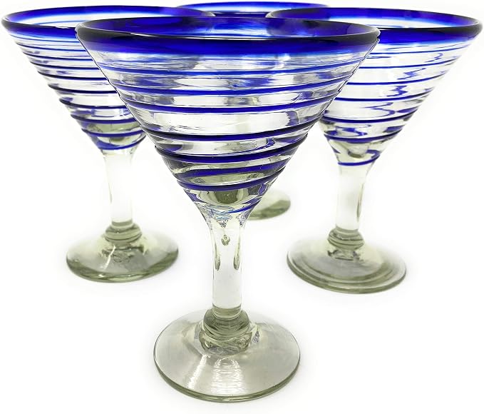 Mexican Hand Blown Glass – Set of 4 Hand Blown Modern Margarita Glasses - Blue Spiral (12 oz)