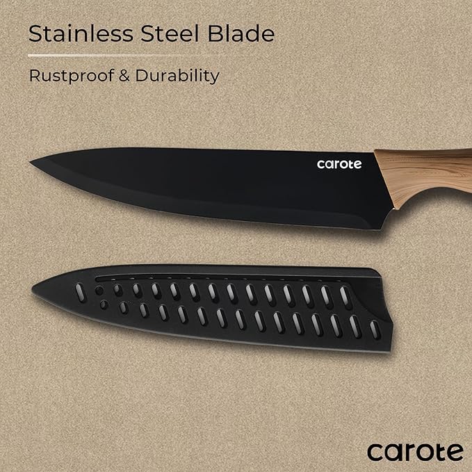CAROTE 12PCS Knife Set, Stainless Steel Kitchen Knife Set with Nonstick Ceramic Coating, 6 Knives with Blade Guards, Rustproof, Easy-Clean, Black