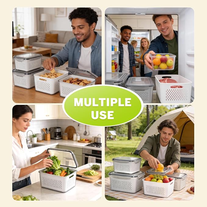 HOMETALL 6 PCS Fruit Storage Containers for Fridge with 6 Removable Colanders, BPA Free Produce Containers for refrigerator, Dishwasher & Microwave Safe Food Containers Keep Fruit, Salad, Berry, Fresh