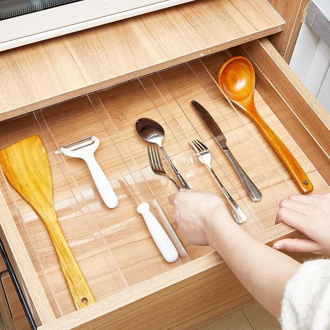 Teenyyou 2 Packs Expandable Kitchen Drawer Organizer Clear Acrylic Utensil Organizer Adjustable Acrylic Silverware Storage for Drawers Silverware Flatware Knives (12 x 16 Inches,3-5 Compartments)