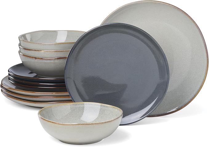 Oneida Dinnerware Sets, Organic Shades Gray 12-Piece Dinnerware Set, Set for 4, Service For 4, Stoneware Material, Dishwasher and Microwave Safe, Plates And Bowls, Dinner Dishes, Home (Gray, 12 Piece)