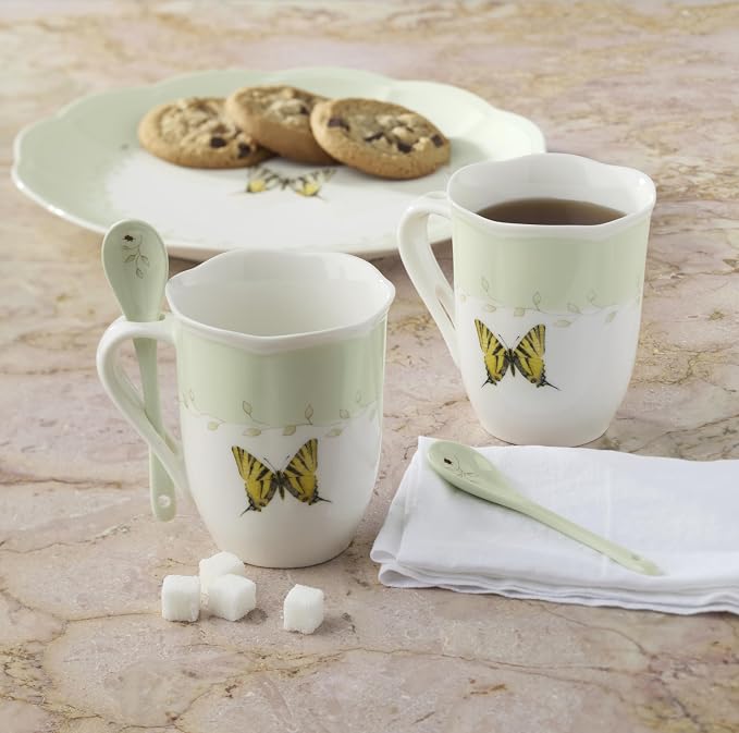 Lenox 897802 Butterfly Meadow Color Mugs With Spoons, Set Of 2, Green