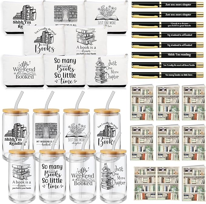 32 Pcs Books Club Gifts Book Lovers Gifts for Women Blind Date with a Read Include 16 oz Glass Cup Canvas Makeup Bag Ballpoint Pen Card for Librarian Reader Bookish Teacher