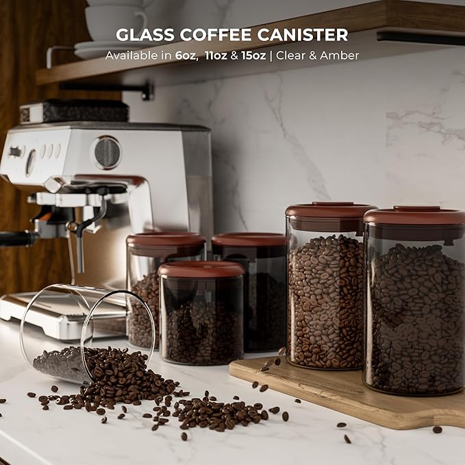 Amber Glass Coffee Canister 2-Pack with Pop Lid & 1-Way Valve - Airtight Container with UV Protection to Lock in Freshness - Storage for Coffee Beans, Ground Coffee & Dry Food, 15OZ