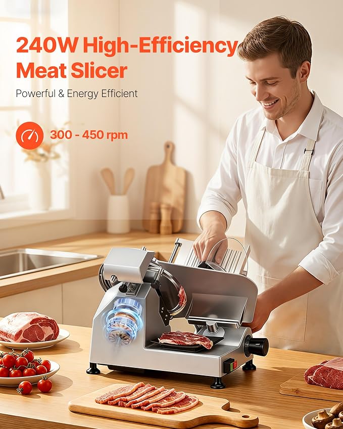 VEVOR Commercial Meat Slicer, 10 inch Electric Food Slicer, 240W Frozen Meat Deli Slicer, Premium Chromium-plated Steel Blade Semi-Auto Meat Slicer For Commercial and Home use | Commercial and Home Use, Premium Chromium-plated Steel Blade Semi-Auto Mac...