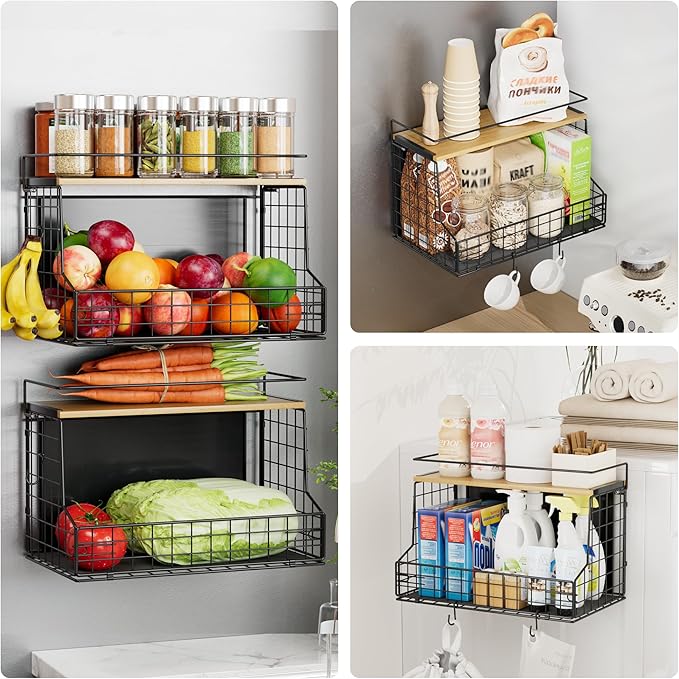 TIDIIABODE Magnetic Shelf for Fridge 2 Pack, Large Container Magnetic Spice Rack for Refrigerator, Fruit Potato and Onion Storage Bins, Magnetic Basket with Wood Lid, Kitchen Counter, Cabinet