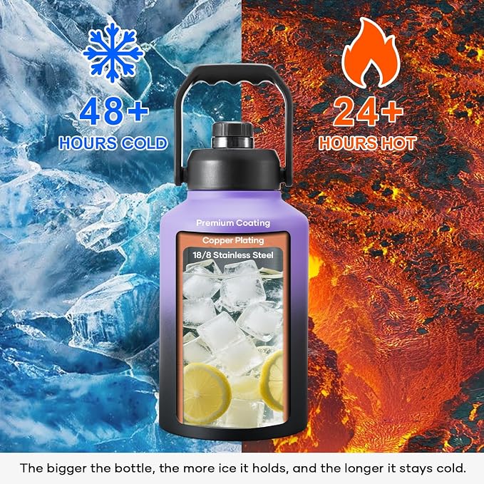 BUZIO 1 Gallon Water Jug Insulated, Stainless Steel Bottle With Large Handle & Spout Lid, 3.58" Big Wide Mouth BPA-Free Leakproof Metal Water Flask For Camping, Adventure, Sports, Black & Purple