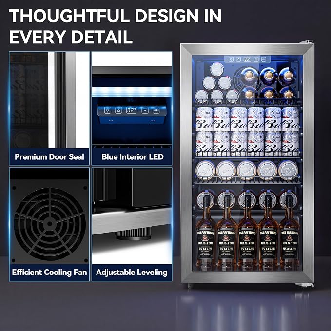 Tehanld 3.2 Cu.Ft Beverage Fridge, Mini Fridge With Glass Door, Beverage Cooler Refrigerator, Wine Drink Beer Fridge, Adjustable Shelves & Digital Temperature Display, 26 Bottle 128 Can, Silver