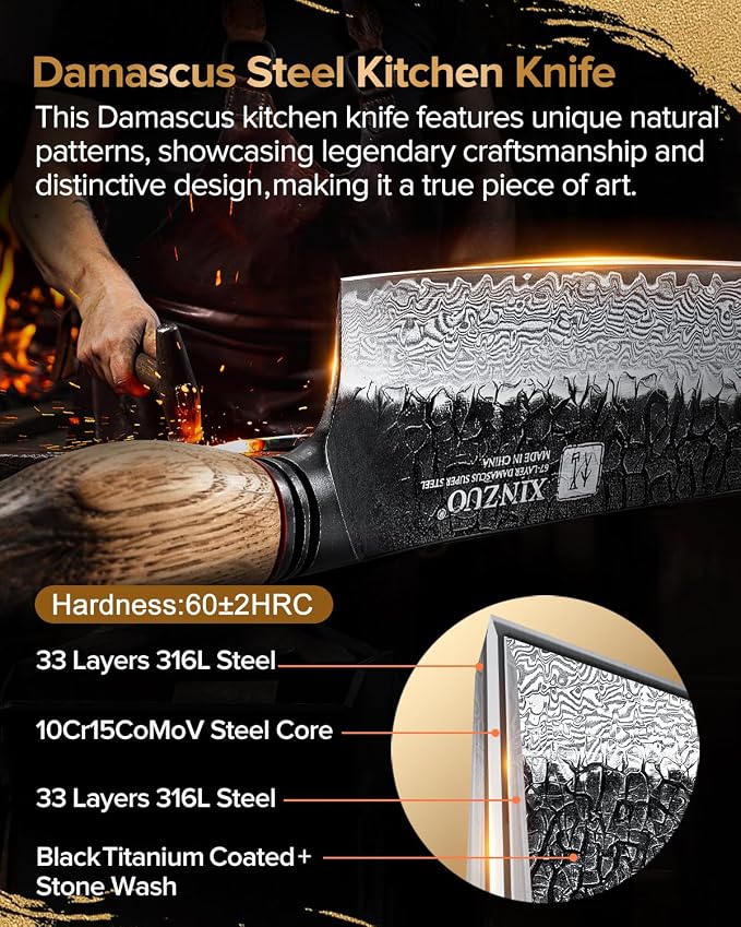 XINZUO 7 Inch Nakiri Knife, Hand Forged Damascus Steel Asian Chopping Chef Knife, Professional Meat Vegetable Kitchen Knife,Comfortable Grip White Oak Handle Usuba Knife
