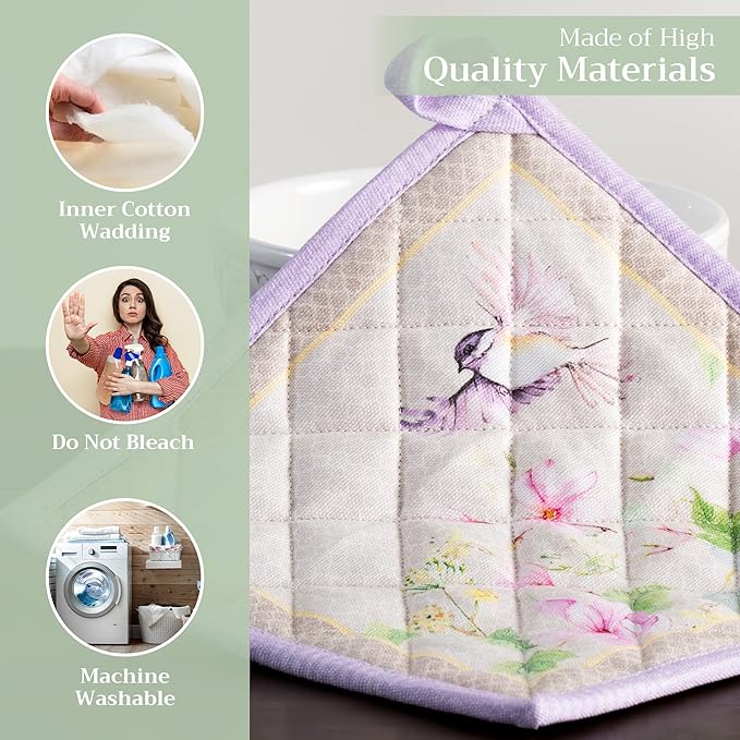 Maison d' Hermine Pot Holders 100% Cotton Heat Resistant Potholders 8" x 8" Hot Pads with Loop Cooking Baking Gifts for Mothers Day Handling Hot Pans Spring/Summer (Pack of 1, Magnolia Mornings)