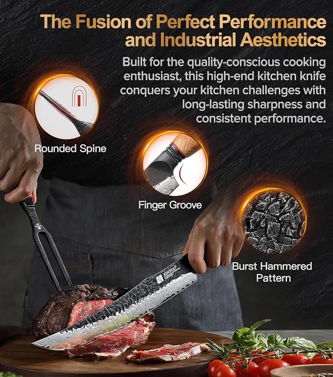 XINZUO 10 Inch Brisket Carving Knife，67-Layer Damascus Steel，Razor Sharp Curved Butcher Breaking Knives For Meat Cutting With White Oak + Red G10 Gasket Handle
