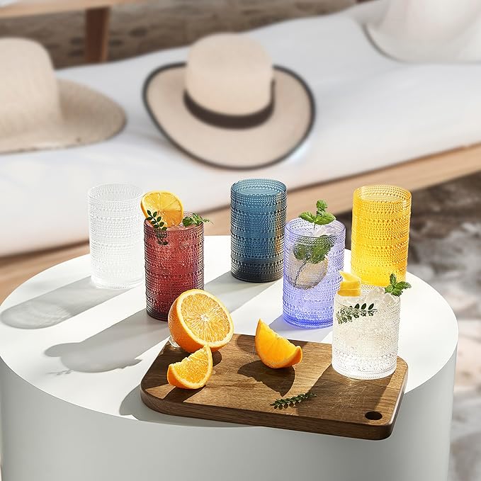 Khen Plastic Hobnail Drinking Highball Glasses Set of 6 Clear Color Cups 14oz, Shatterproof & Unbreakable Acrylic Beaded Design, BPA-Free, Dishwasher Safe Indoor/Outdoor Drinkware for Water, Cocktails