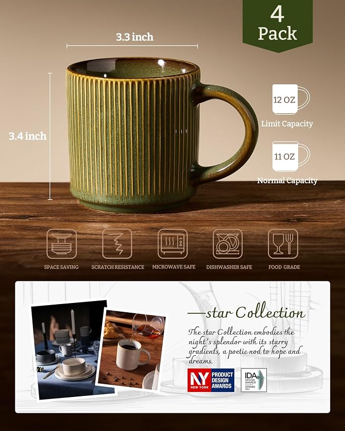 famiware Coffee Mug Set for 4, Star 12 oz Catering Mugs Cup Set with Handle for Coffee, Tea, Cocoa, Milk - Ceramic Stoneware Drinkware Set, Moss